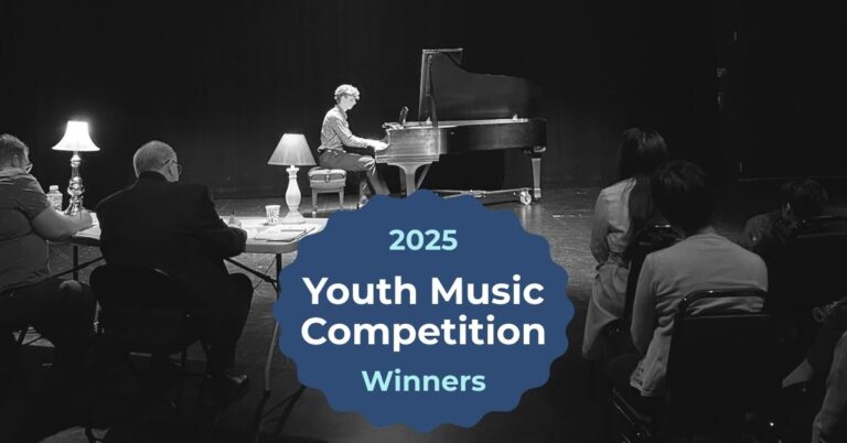 A student pianist performs on stage as judges and audience watch, with “2025 Youth Music Competition Winners” displayed on screen.