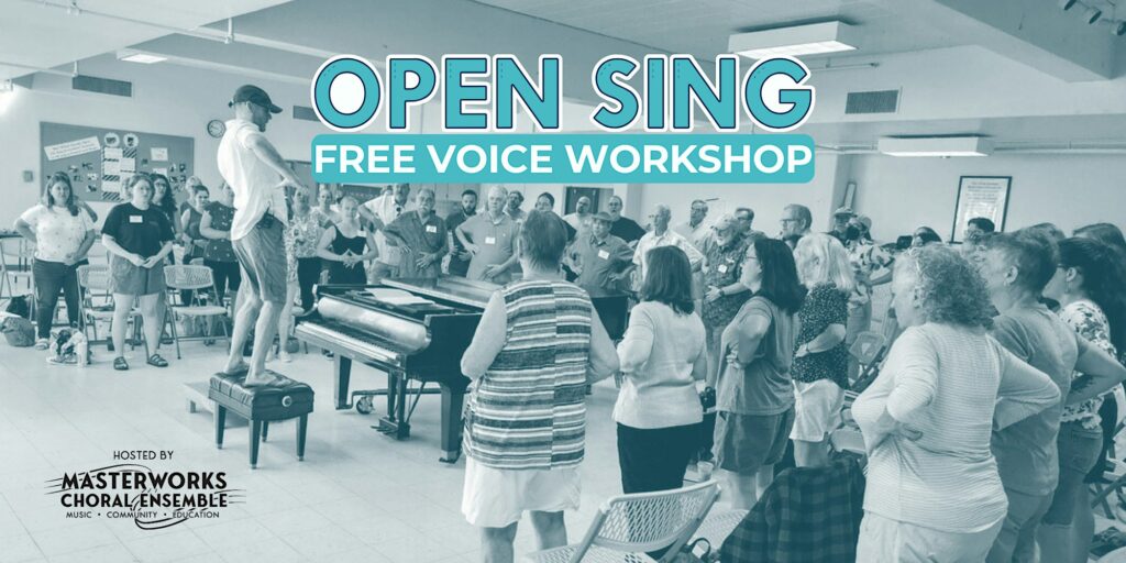 Black and white image of people standing in a U shape singing. A man is standing in front of the group, behind a grand piano, conducting.