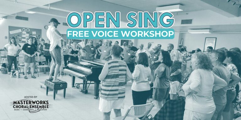 Black and white image of people standing in a U shape singing. A man is standing in front of the group, behind a grand piano, conducting.