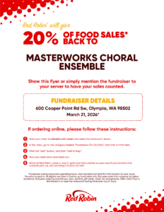 Red Robin Olympia fundraiser flyer for Masterworks Choral Ensemble, March 21 2026